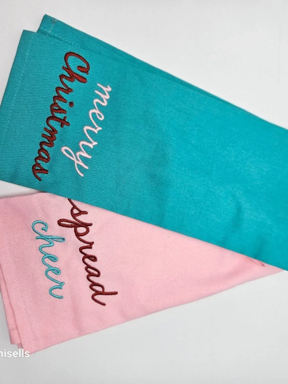 christmas kitchen towel ste in pink and teal